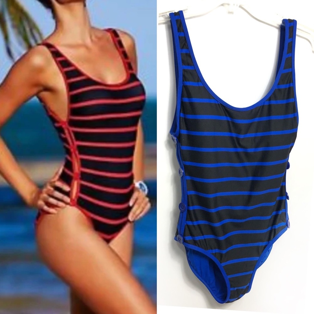 DKNY MAILLOT SWIM SUIT D25296 
one piece black blue stripe button sides